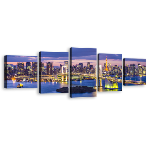 Japan Cityscape Wall Art, Beautiful Yellow Rainbow City Bridge 5 Piece Canvas Set, Tokyo Bay Brilliance Blue Skyline Canvas Print