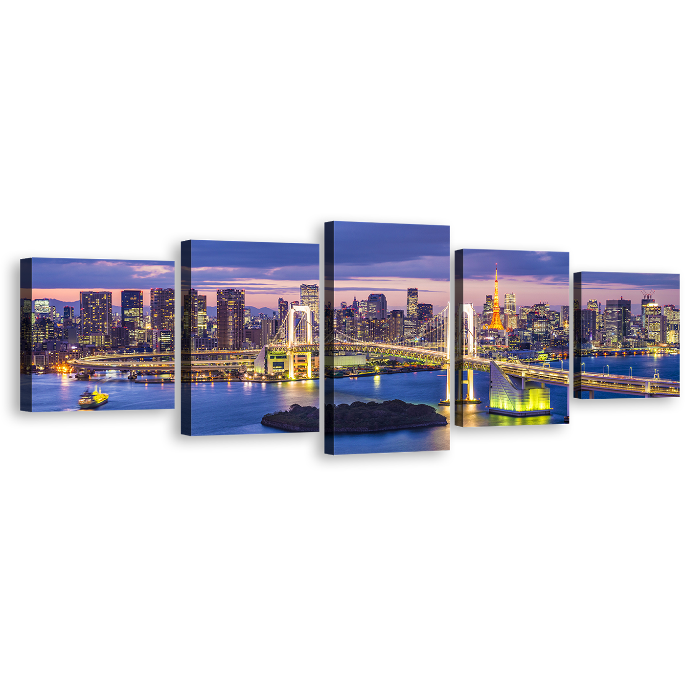 Japan Cityscape Wall Art, Beautiful Yellow Rainbow City Bridge 5 Piece Canvas Set, Tokyo Bay Brilliance Blue Skyline Canvas Print