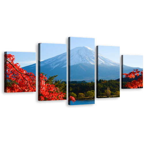 Japan Lake Canvas Wall Art, Mt.Fuji Autumn Canvas Print, Blue Lake Kawaguchiko Canvas Set, Red Maple Trees Leaves 5 Piece Multi Canvas