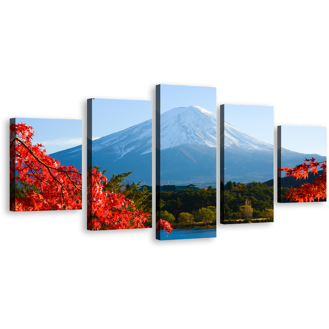 Japan Lake Canvas Wall Art, Mt.Fuji Autumn Canvas Print, Blue Lake Kawaguchiko Canvas Set, Red Maple Trees Leaves 5 Piece Multi Canvas