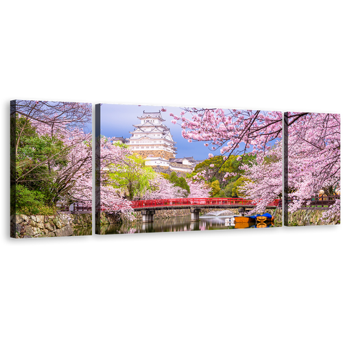 Japan Landscape Canvas Wall Art, Japan Historic Structure Colorful Scenery Canvas Print, Himeji Castle 3 Piece Canvas Set