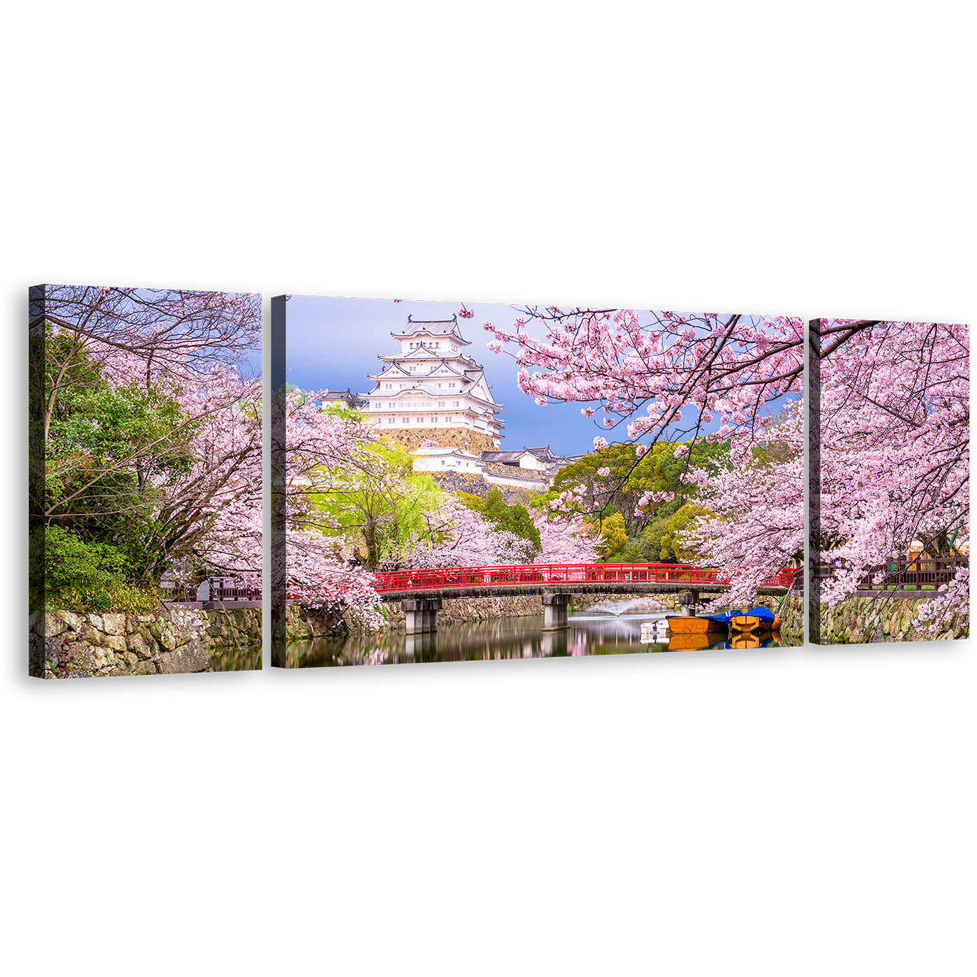 Japan Landscape Canvas Wall Art, Japan Historic Structure Colorful Scenery Canvas Print, Himeji Castle 3 Piece Canvas Set