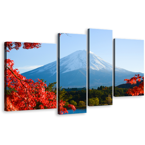 Japan Mountain Canvas Print, Blue Lake Kawaguchiko Canvas Wall Art, Red Maple Trees Leaves Canvas Set, Mt.Fuji Autumn 4 Piece Multi Canvas