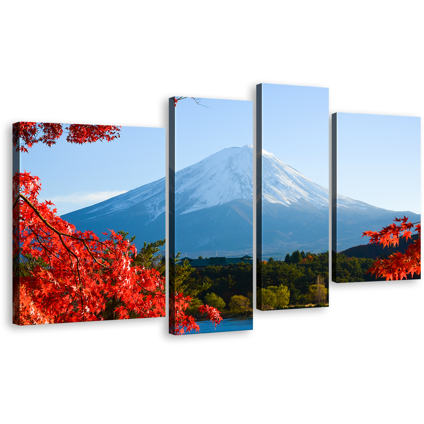 Japan Mountain Canvas Print, Blue Lake Kawaguchiko Canvas Wall Art, Red Maple Trees Leaves Canvas Set, Mt.Fuji Autumn 4 Piece Multi Canvas