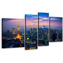 Load image into Gallery viewer, Japan Mountain Canvas Wall Art, Cloudy Purple Blue Sky Cityscape Multi Canvas Artwork, Tokyo Evening 4 Piece Canvas Print
