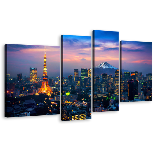 Japan Mountain Canvas Wall Art, Cloudy Purple Blue Sky Cityscape Multi Canvas Artwork, Tokyo Evening 4 Piece Canvas Print