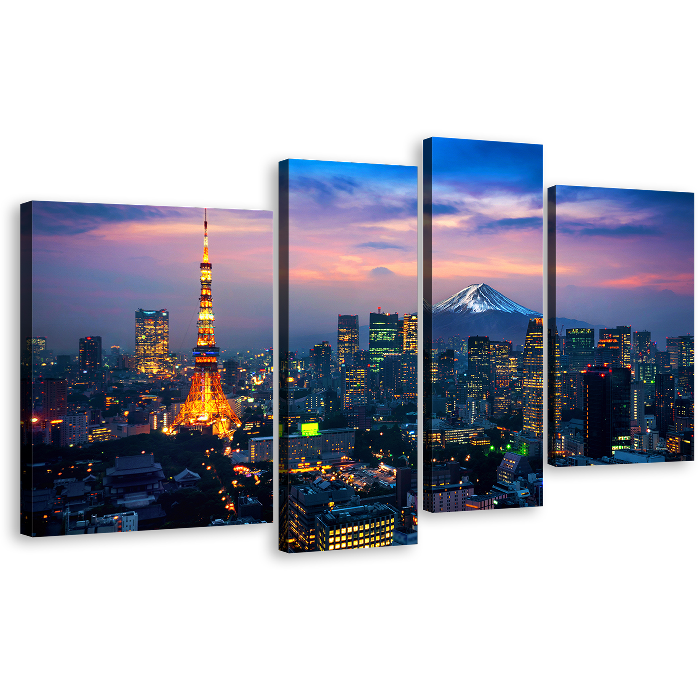 Japan Mountain Canvas Wall Art, Cloudy Purple Blue Sky Cityscape Multi Canvas Artwork, Tokyo Evening 4 Piece Canvas Print