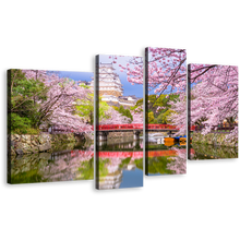 Load image into Gallery viewer, Japan Scenery Canvas Wall Art, Himeji Castle Lake Bridge 4 Piece Canvas Print, Japan Cherry Blossom Colorful Landscape Multi Canvas Artwork
