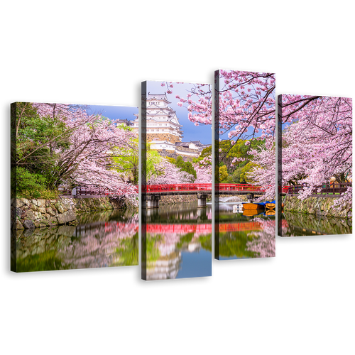 Japan Scenery Canvas Wall Art, Himeji Castle Lake Bridge 4 Piece Canvas Print, Japan Cherry Blossom Colorful Landscape Multi Canvas Artwork