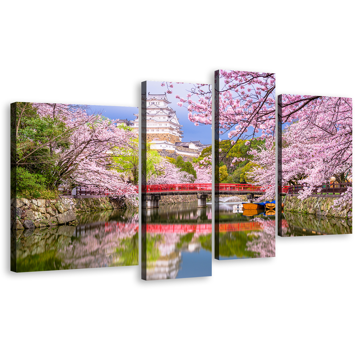 Japan Scenery Canvas Wall Art, Himeji Castle Lake Bridge 4 Piece Canvas Print, Japan Cherry Blossom Colorful Landscape Multi Canvas Artwork