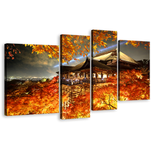 Load image into Gallery viewer, Japan Temple Canvas Wall Art, Beautiful Red Kiyomizu Dera 4 Piece Canvas Print, Kyoto Grey Sky Maple Tree Multi Canvas
