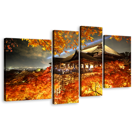 Japan Temple Canvas Wall Art, Beautiful Red Kiyomizu Dera 4 Piece Canvas Print, Kyoto Grey Sky Maple Tree Multi Canvas