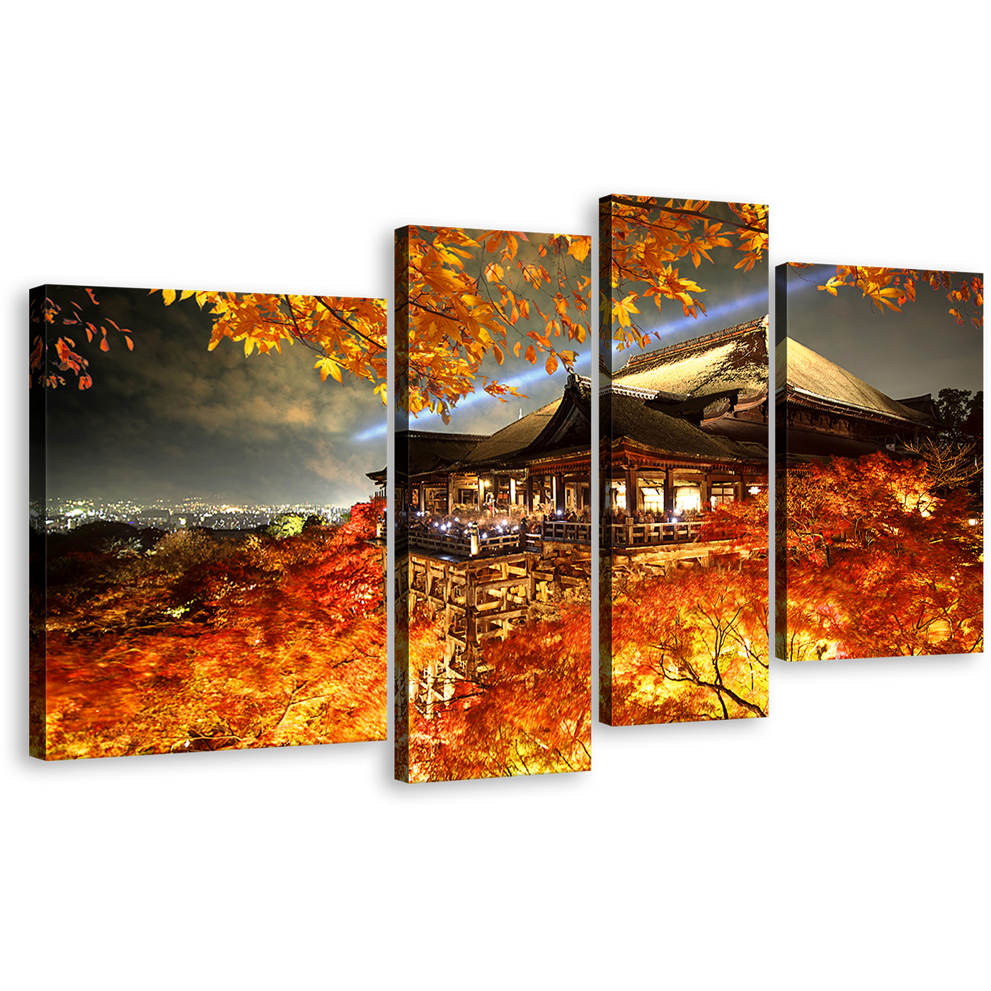 Japan Temple Canvas Wall Art, Beautiful Red Kiyomizu Dera 4 Piece Canvas Print, Kyoto Grey Sky Maple Tree Multi Canvas