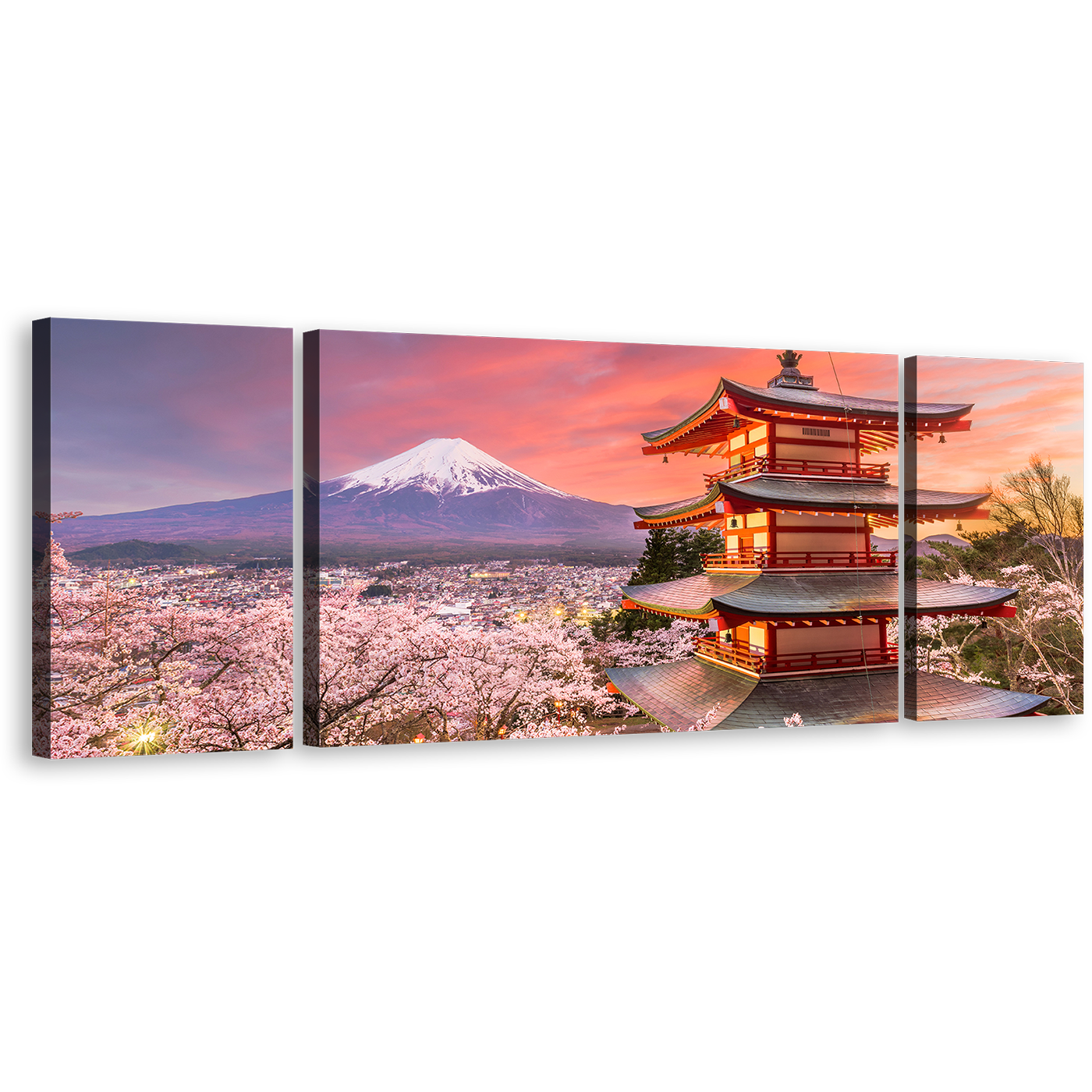 Japan Temple Canvas Wall Art, Japan Chureito Pagoda 3 Piece Canvas Print, White Blue Mount Fuji Mountain Multiple Canvas