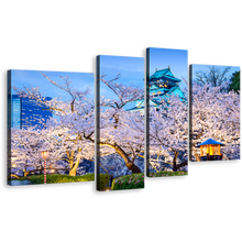 Load image into Gallery viewer, Japanese Castle Canvas Print, Japan Purple Blossom Trees Multi Canvas, Blue Osaka Castle 4 Piece Canvas Wall Art
