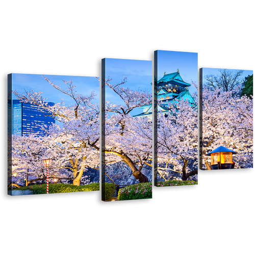 Japanese Castle Canvas Print, Japan Purple Blossom Trees Multi Canvas, Blue Osaka Castle 4 Piece Canvas Wall Art