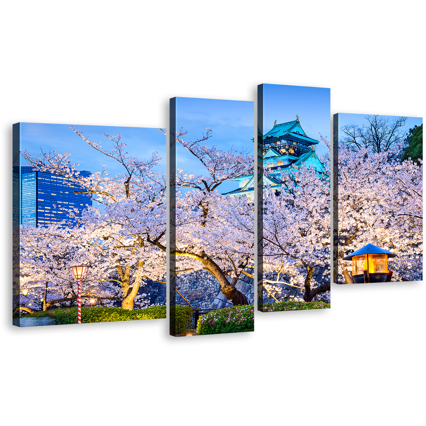 Japanese Castle Canvas Print, Japan Purple Blossom Trees Multi Canvas, Blue Osaka Castle 4 Piece Canvas Wall Art