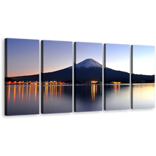 Load image into Gallery viewer, Japanese Lake Canvas Print, Mount Fuji Majesty Blue Mountain Night Reflection 5 Piece Wall Art, Orange Mountains Photography Multiple Canvas
