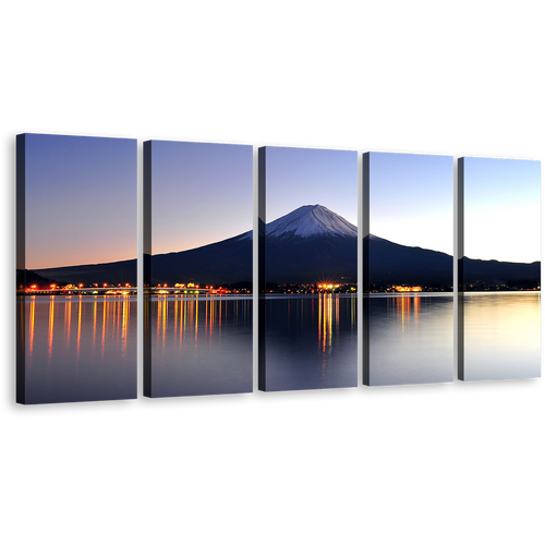 Japanese Lake Canvas Print, Mount Fuji Majesty Blue Mountain Night Reflection 5 Piece Wall Art, Orange Mountains Photography Multiple Canvas