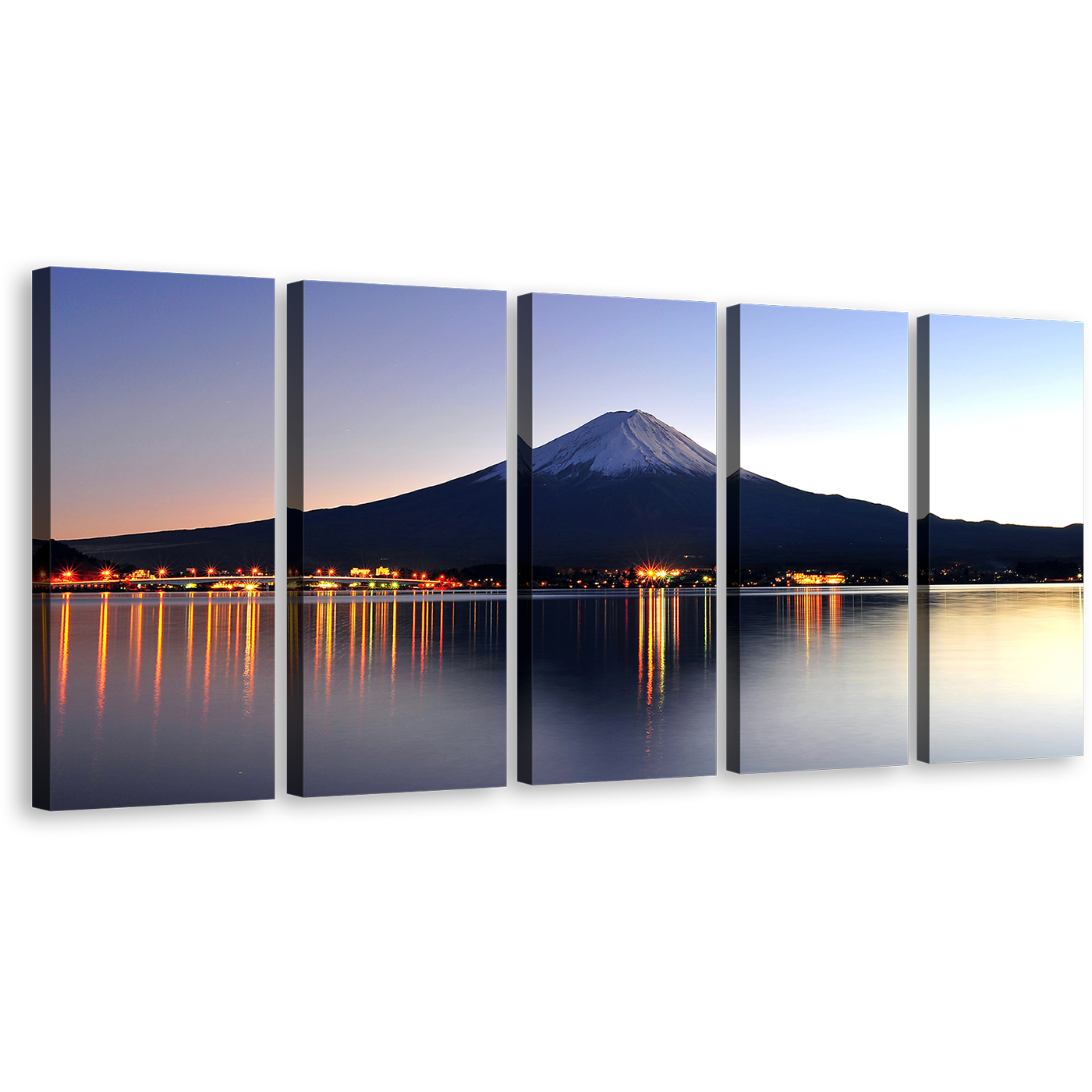 Japanese Lake Canvas Print, Mount Fuji Majesty Blue Mountain Night Reflection 5 Piece Wall Art, Orange Mountains Photography Multiple Canvas