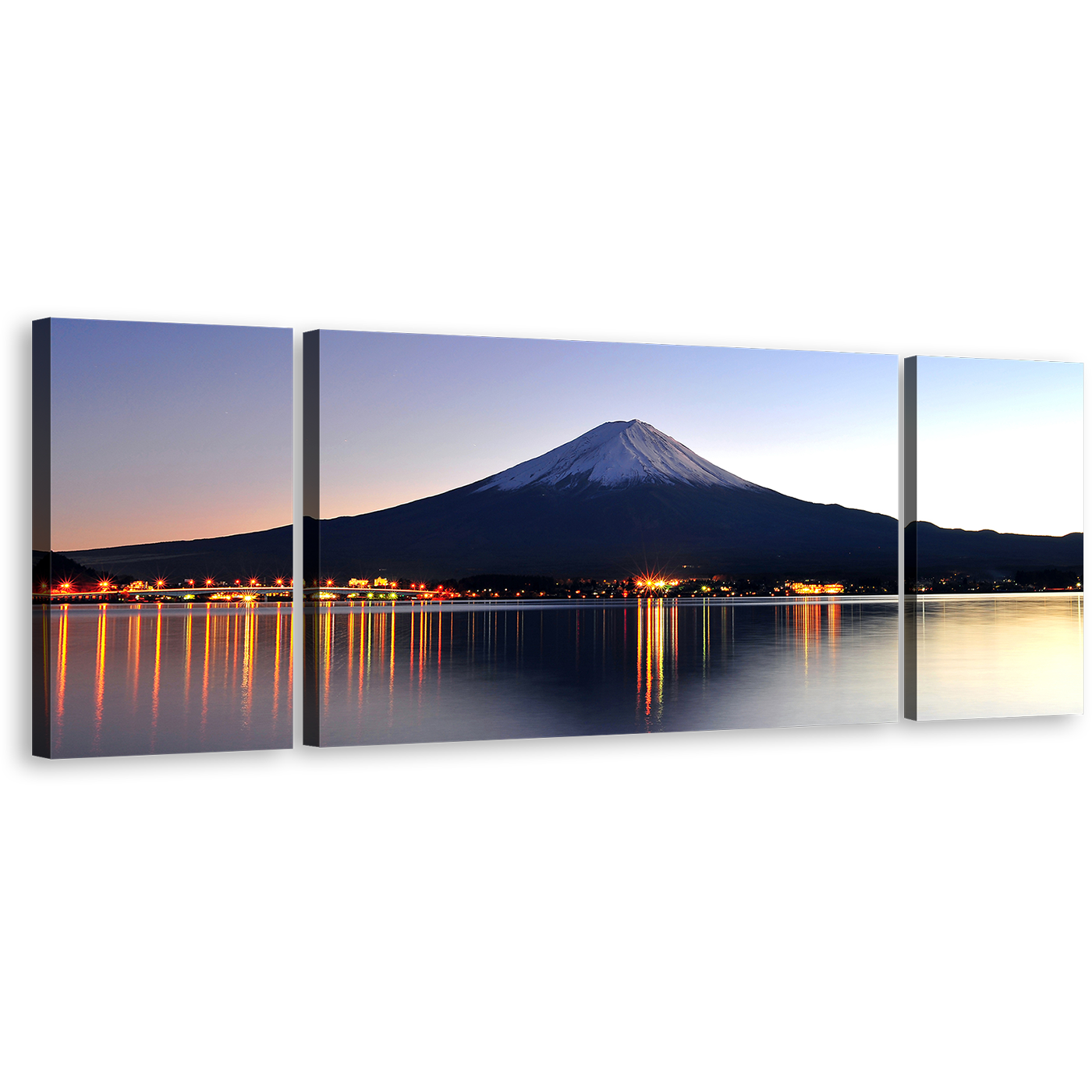 Japanese Mountain Canvas Print, Beautiful Blue Mountain Night Reflection 3 Piece Wall Art, Mount Fuji Orange Lake Multi Canvas