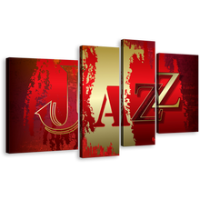 Load image into Gallery viewer, Jazz Word Canvas Wall Art, Jazz Music Abstract Background Canvas Print, Red Yellow Music Abstract 4 Piece Canvas
