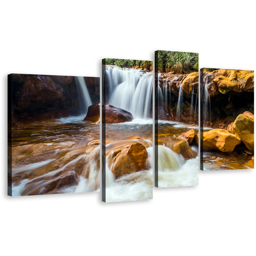 Jinguash Waterfall Canvas Wall Art, Amazing Golden Waterfall 4 Piece Canvas Print, Taiwan White Waterfall Multiple Canvas