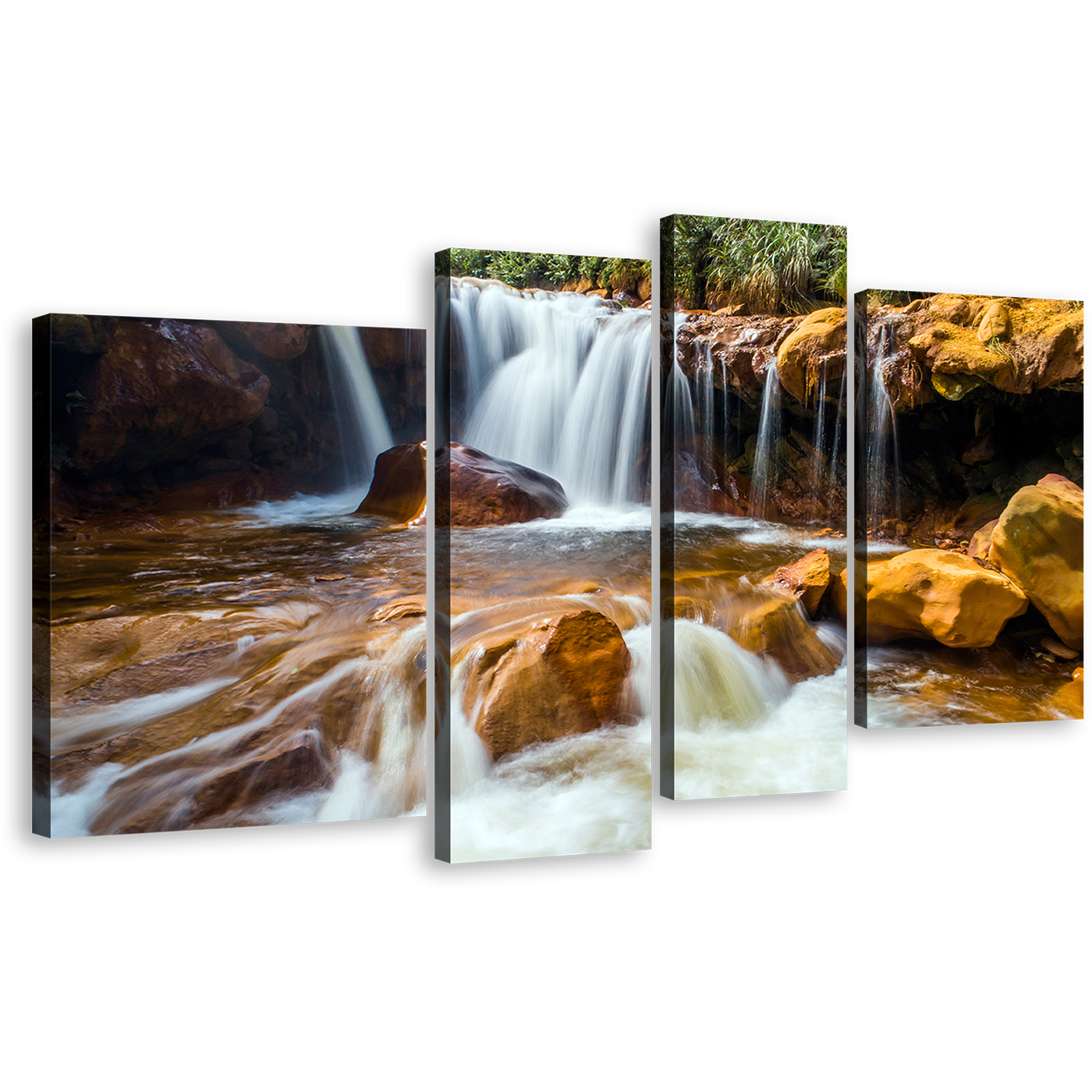 Jinguash Waterfall Canvas Wall Art, Amazing Golden Waterfall 4 Piece Canvas Print, Taiwan White Waterfall Multiple Canvas