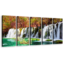 Load image into Gallery viewer, Jiuzhaigou Nature Canvas Wall Art, Azure Lake 5 Piece Waterfall Multi Canvas. Colorful Autumn Forest Water Scene Canvas Print, Fall Woods Waterfall Canvas Set
