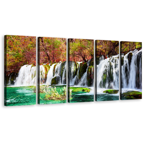 Jiuzhaigou Nature Canvas Wall Art, Azure Lake 5 Piece Waterfall Multi Canvas. Colorful Autumn Forest Water Scene Canvas Print, Fall Woods Waterfall Canvas Set