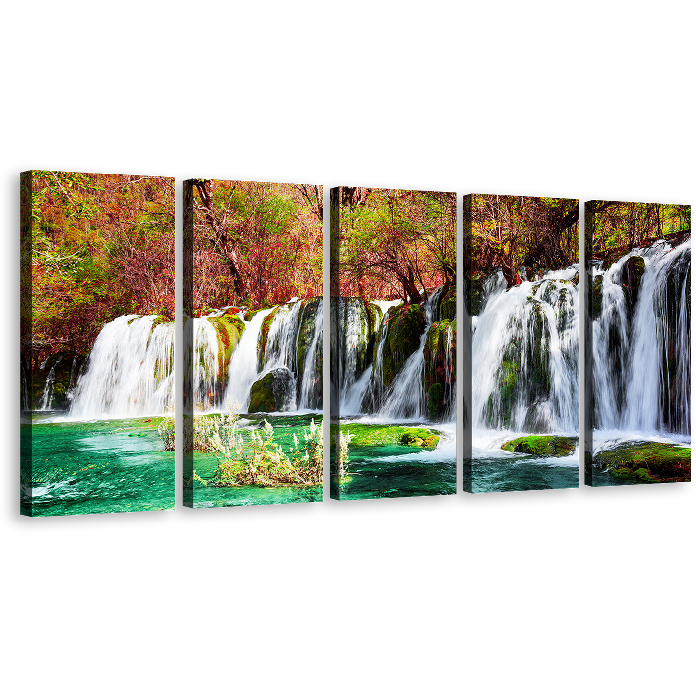 Jiuzhaigou Nature Canvas Wall Art, Azure Lake 5 Piece Waterfall Multi Canvas. Colorful Autumn Forest Water Scene Canvas Print, Fall Woods Waterfall Canvas Set