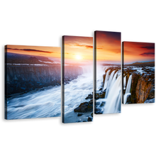 Load image into Gallery viewer, Jokulsa Fjollum Wall Art, Yellow Sunset Selfoss Waterfall 4 Piece Canvas Print, Vatnajokull National Park White Selfoss Cascade Multi Canvas
