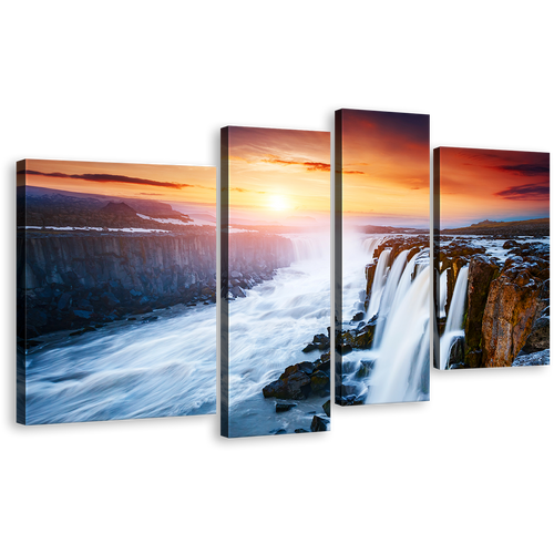 Jokulsa Fjollum Wall Art, Yellow Sunset Selfoss Waterfall 4 Piece Canvas Print, Vatnajokull National Park White Selfoss Cascade Multi Canvas