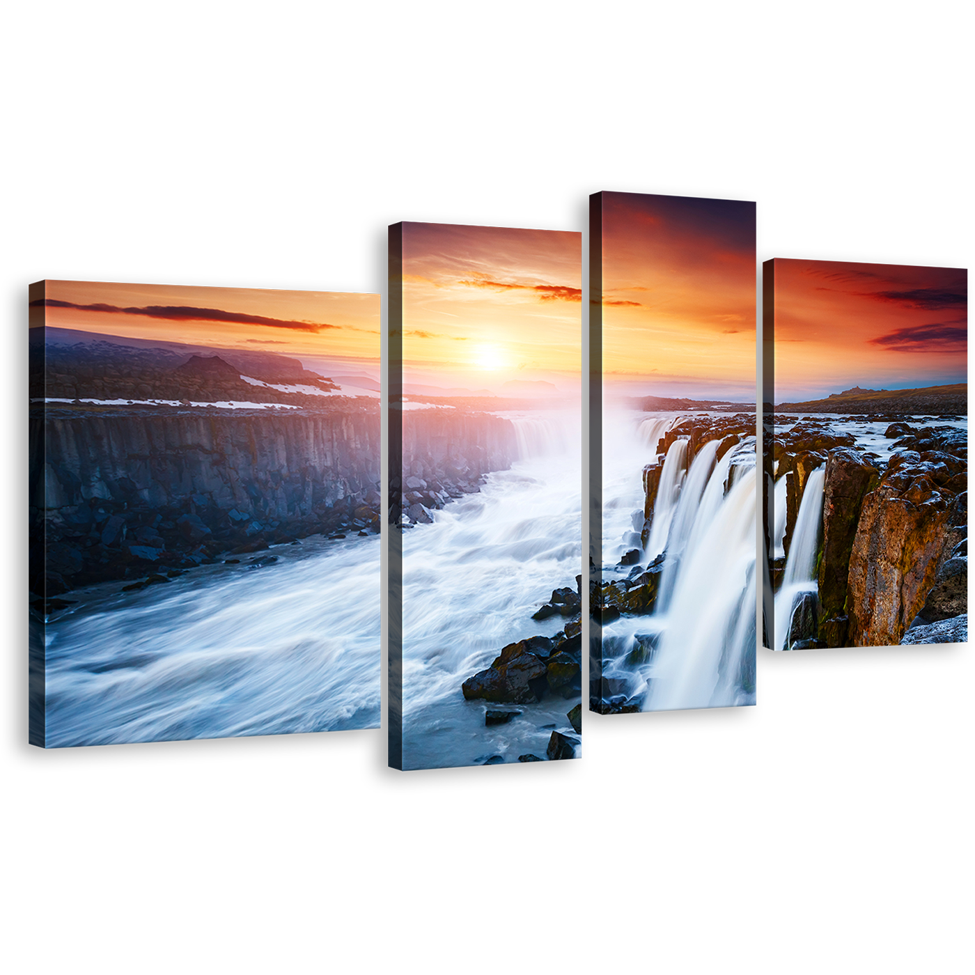 Jokulsa Fjollum Wall Art, Yellow Sunset Selfoss Waterfall 4 Piece Canvas Print, Vatnajokull National Park White Selfoss Cascade Multi Canvas