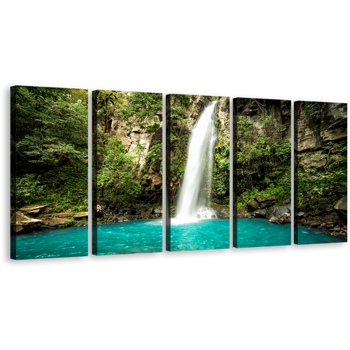 Jungle Waterfall Canvas Wall Art, Costa Rica Green Forest Waterfall 5 Piece Canvas Print, Guanacaste White Rainforest Waterfall Multi Canvas