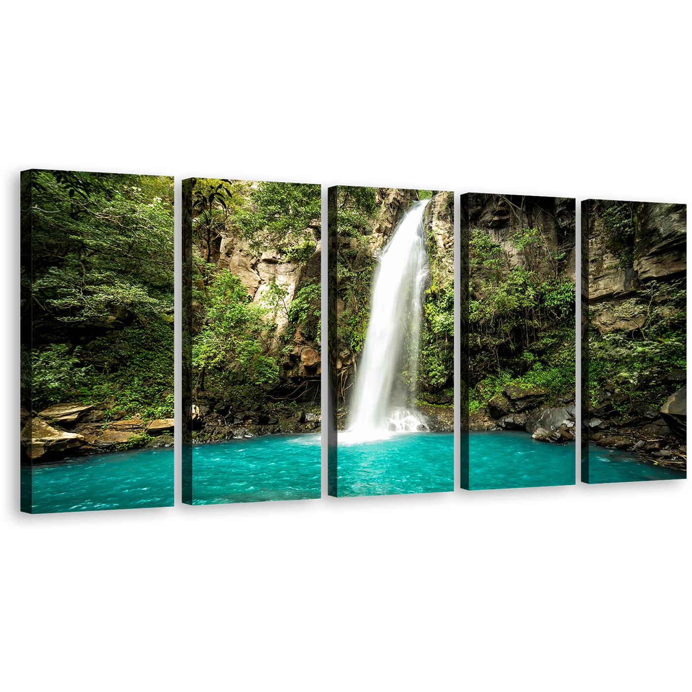 Jungle Waterfall Canvas Wall Art, Costa Rica Green Forest Waterfall 5 Piece Canvas Print, Guanacaste White Rainforest Waterfall Multi Canvas