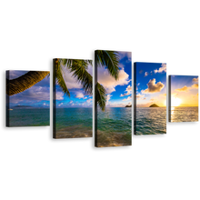 Load image into Gallery viewer, Kailua Ocean Canvas Wall Art, Hawaii Yellow Sunset Ocean 5 Piece Multiple Canvas, Colorful Lanikai Beach Canvas Print
