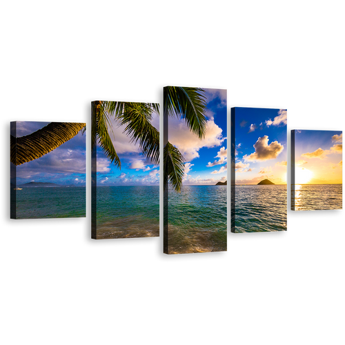 Kailua Ocean Canvas Wall Art, Hawaii Yellow Sunset Ocean 5 Piece Multiple Canvas, Colorful Lanikai Beach Canvas Print