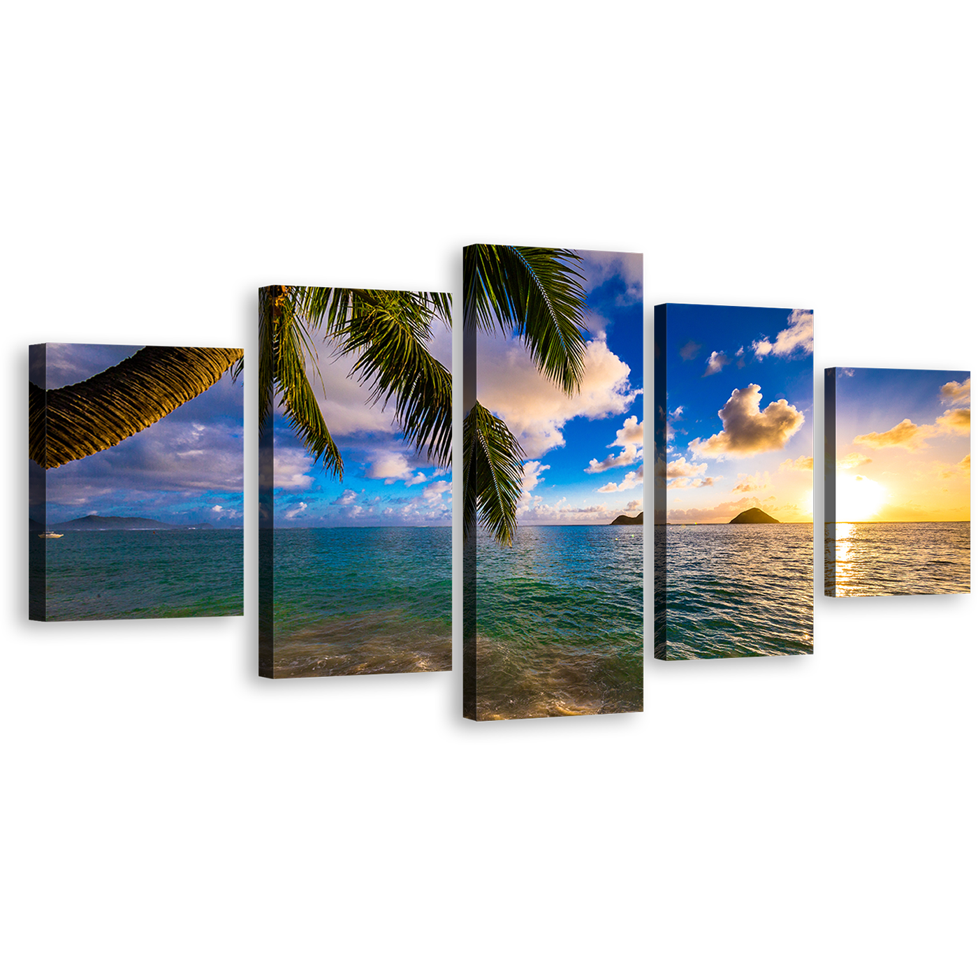 Kailua Ocean Canvas Wall Art, Hawaii Yellow Sunset Ocean 5 Piece Multiple Canvas, Colorful Lanikai Beach Canvas Print