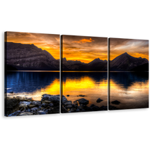 Load image into Gallery viewer, Kananaskis Lake Canvas Wall Art, Alberta Canada Orange Landscape Sunset Canvas Print, Blue Ocean Mountains Reflection 3 Piece Multi Canvas
