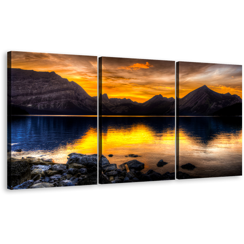 Kananaskis Lake Canvas Wall Art, Alberta Canada Orange Landscape Sunset Canvas Print, Blue Ocean Mountains Reflection 3 Piece Multi Canvas