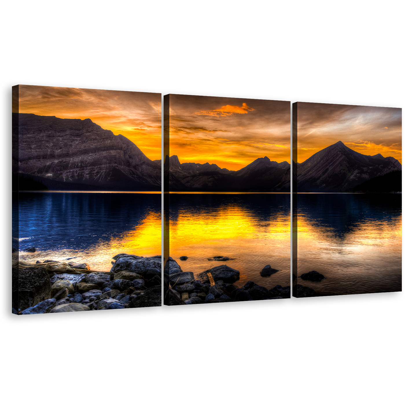 Kananaskis Lake Canvas Wall Art, Alberta Canada Orange Landscape Sunset Canvas Print, Blue Ocean Mountains Reflection 3 Piece Multi Canvas