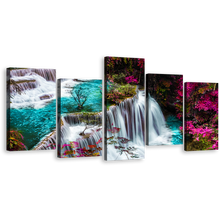 Load image into Gallery viewer, Kanchanabur Waterfall Canvas Wall Art,Huai Mae Khamin Waterfall Forest Canvas Print, Thailand Colorful Waterfall Scenery 5 Piece Canvas
