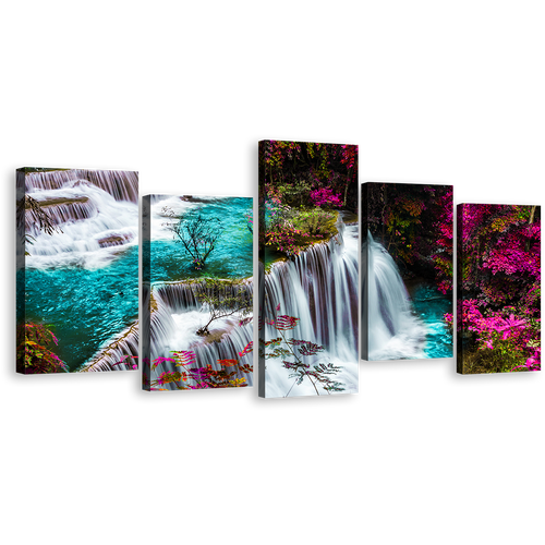 Kanchanabur Waterfall Canvas Wall Art,Huai Mae Khamin Waterfall Forest Canvas Print, Thailand Colorful Waterfall Scenery 5 Piece Canvas