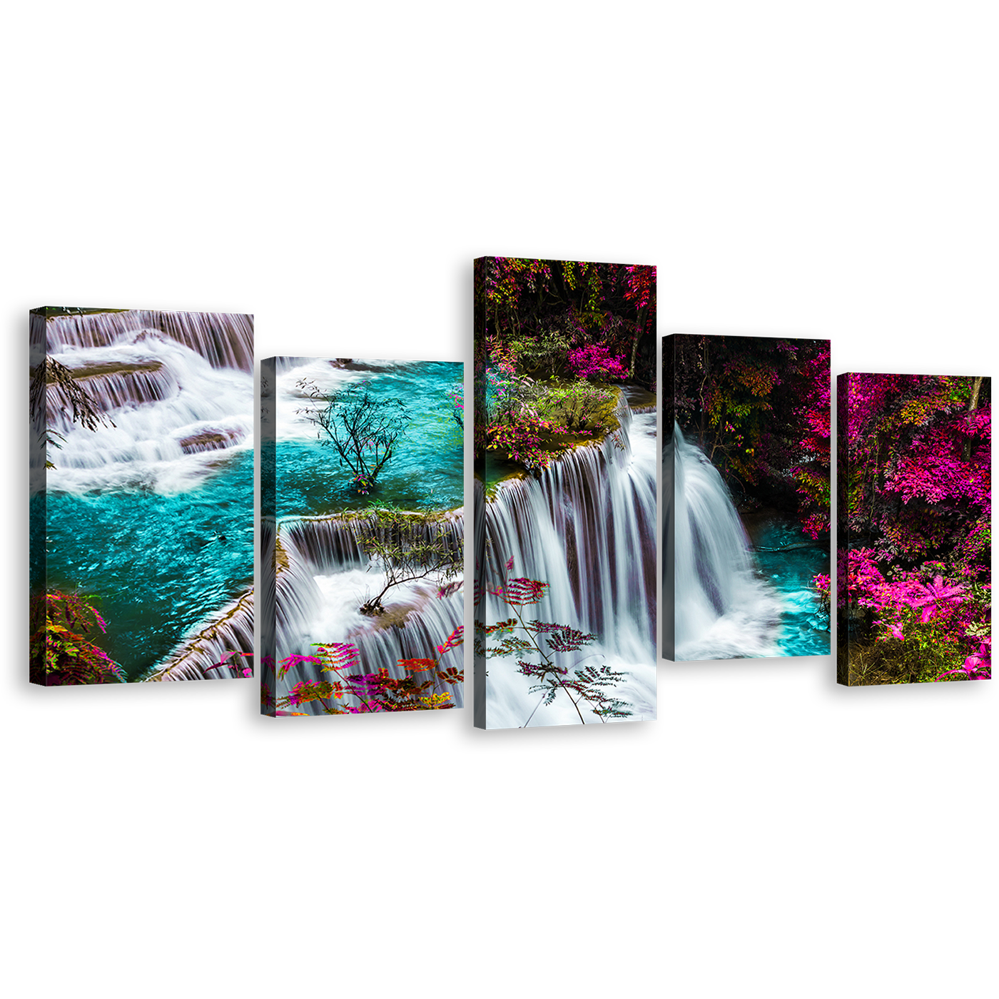 Kanchanabur Waterfall Canvas Wall Art,Huai Mae Khamin Waterfall Forest Canvas Print, Thailand Colorful Waterfall Scenery 5 Piece Canvas