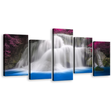 Load image into Gallery viewer, Kanchanaburi Thailand Wall Art, Huay Mae Khamin Blue Water 5 Piece Canvas Print, Purple Trees Waterfall Scenery Multiple Canvas
