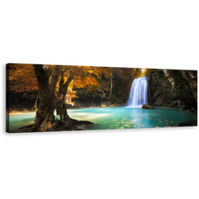 Load image into Gallery viewer, Kanchanaburi Waterfall Canvas Wall Art, Beautiful Blue Waterfall Scenery Wide Canvas, Thailand Orange Trees Forest 1 Piece Canvas Print
