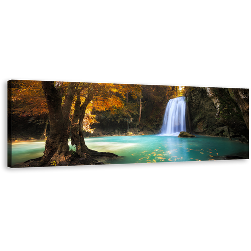 Kanchanaburi Waterfall Canvas Wall Art, Beautiful Blue Waterfall Scenery Wide Canvas, Thailand Orange Trees Forest 1 Piece Canvas Print