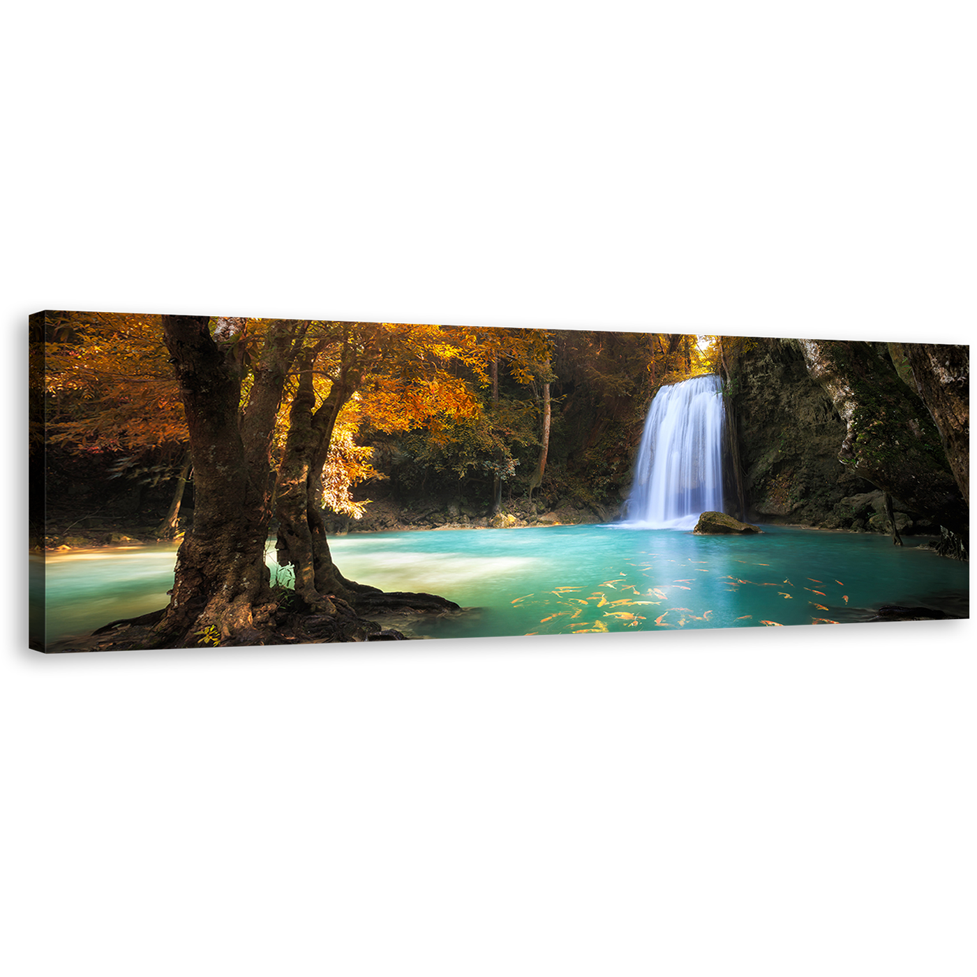 Kanchanaburi Waterfall Canvas Wall Art, Beautiful Blue Waterfall Scenery Wide Canvas, Thailand Orange Trees Forest 1 Piece Canvas Print