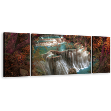 Load image into Gallery viewer, Kanchanaburi Waterfall Canvas Wall Art, Thailand Huay Mae Khamin Waterfall Canvas Set, Beautiful Colorful Waterfall Scenery 3 Piece Canvas Print
